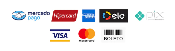 Formas de pagamento: Mercado Pago, Hipercard, American Express, Elo, Pix, Visa, Mastercard, Boleto